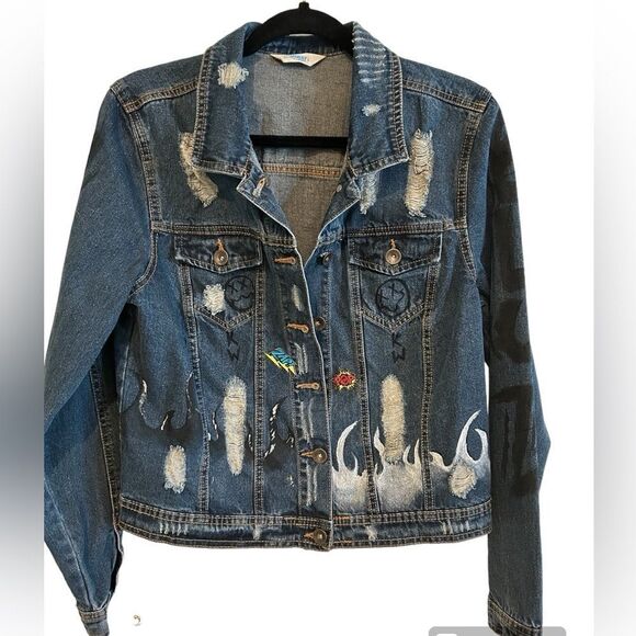 Highway Jeans Denim Jacket Cropped Distressed Customized 100% Cotton L - Picture 1 of 9